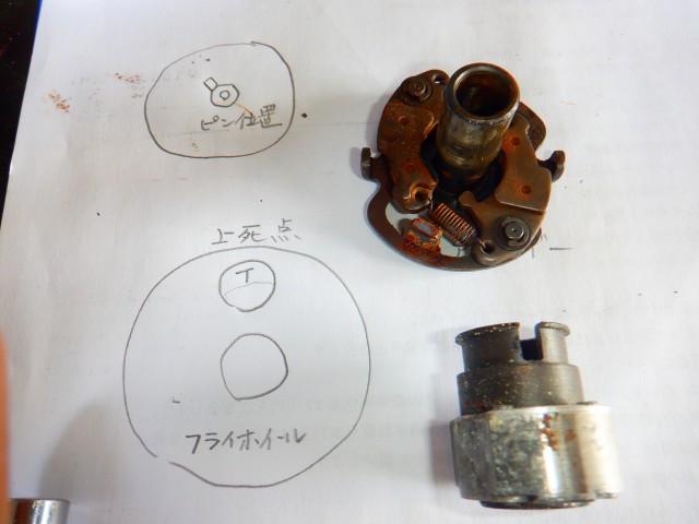 スパークアドバンサー部の切り欠き部分の上下組間違いの確認。調子のよい個体を分解しカムシャフト部の小さなストッパピン位置が上死点時にこのような関係図となります。