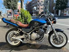 カワサキ　ＢＡＬＩＵＳ　ブルーラメボールカラー　ＵＰハンドル　タックロールシート　ロングテール　４−２−１管